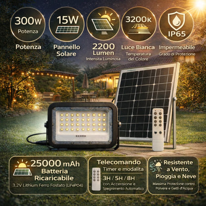 Faro LED Solare Esterno IP65 con Pannello 50W 200W 300W