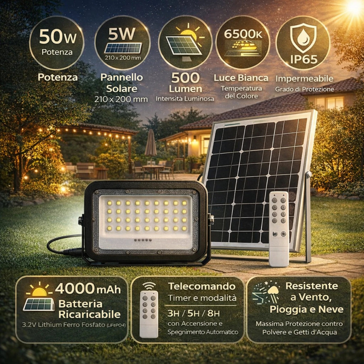 Faro LED Solare Esterno IP65 con Pannello 50W 200W 300W