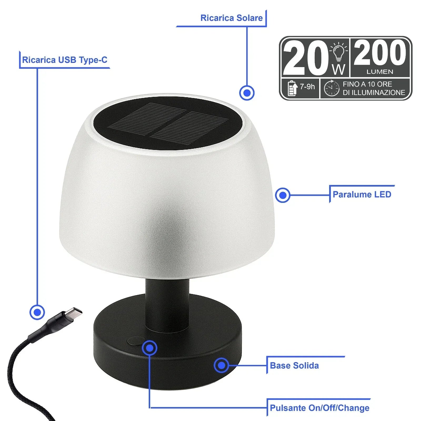 LAMPADA LED PORTATILE CON RICARICA SOLARE E USB DA TERRA E DA TAVOLO Rossini 3000k 195lm Ip54 Antracite 87429501 LAMPADA LED PORTATILE CON RICARICA SOLARE E USB DA TERRA E DA TAVOLO Rossini 3000k 195lm Ip54 Antracite 87429501