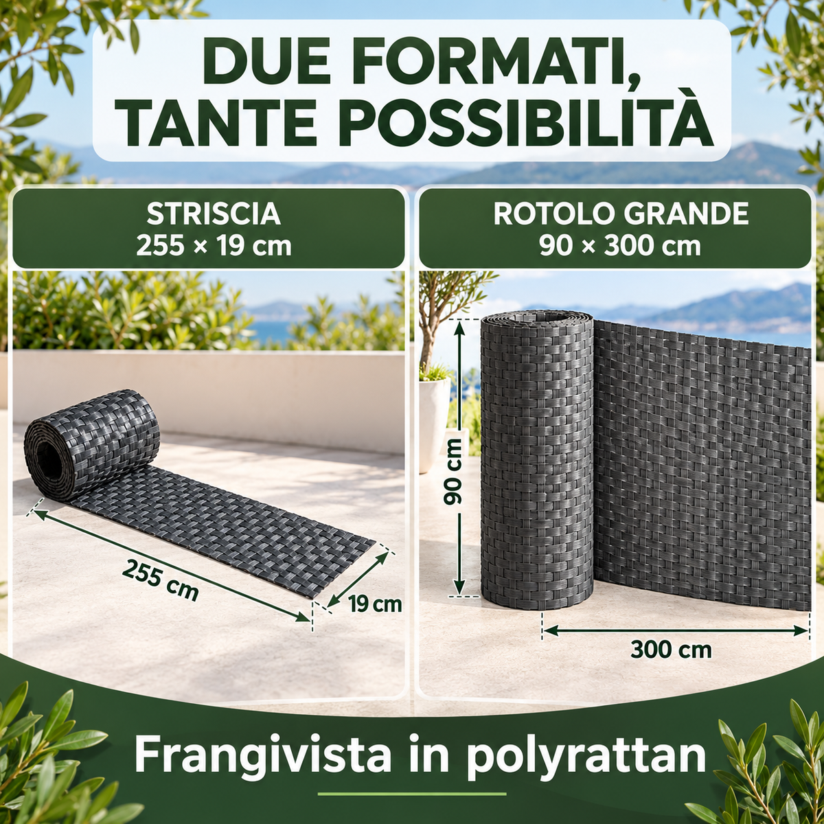Confronto formati striscia 255 × 19 cm e rotolo grande 90 × 300 cm
