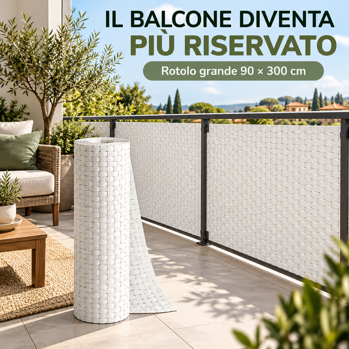 Rotolo frangivista bianco sul balcone