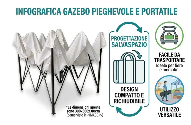Gazebo Pieghevole 3x3 Bianco in Acciaio a Fisarmonica