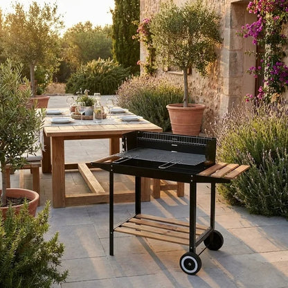 Barbecue Rettangolare con Mensola e Ruote da Esterno