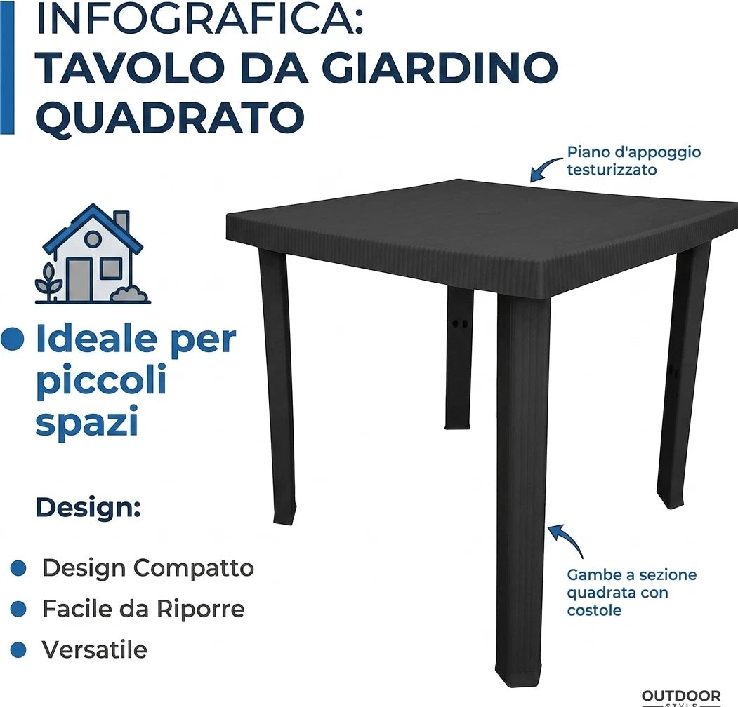 Tavolo da Giardino Quadrato 80x80 Nero per Esterno