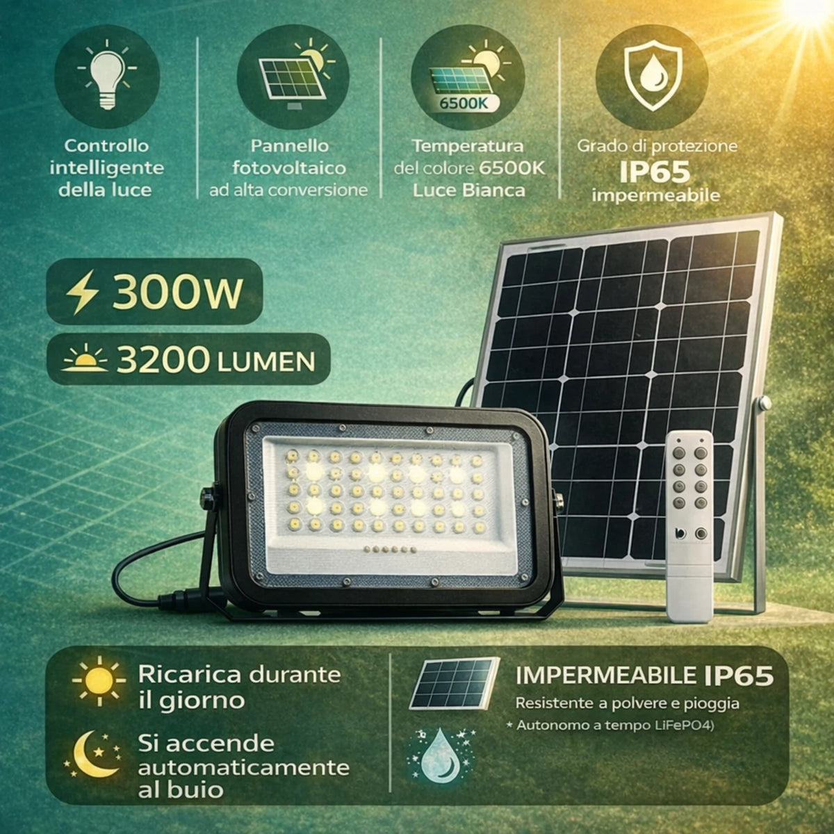 Faro LED Solare Esterno IP65 con Pannello 50W 200W 300W