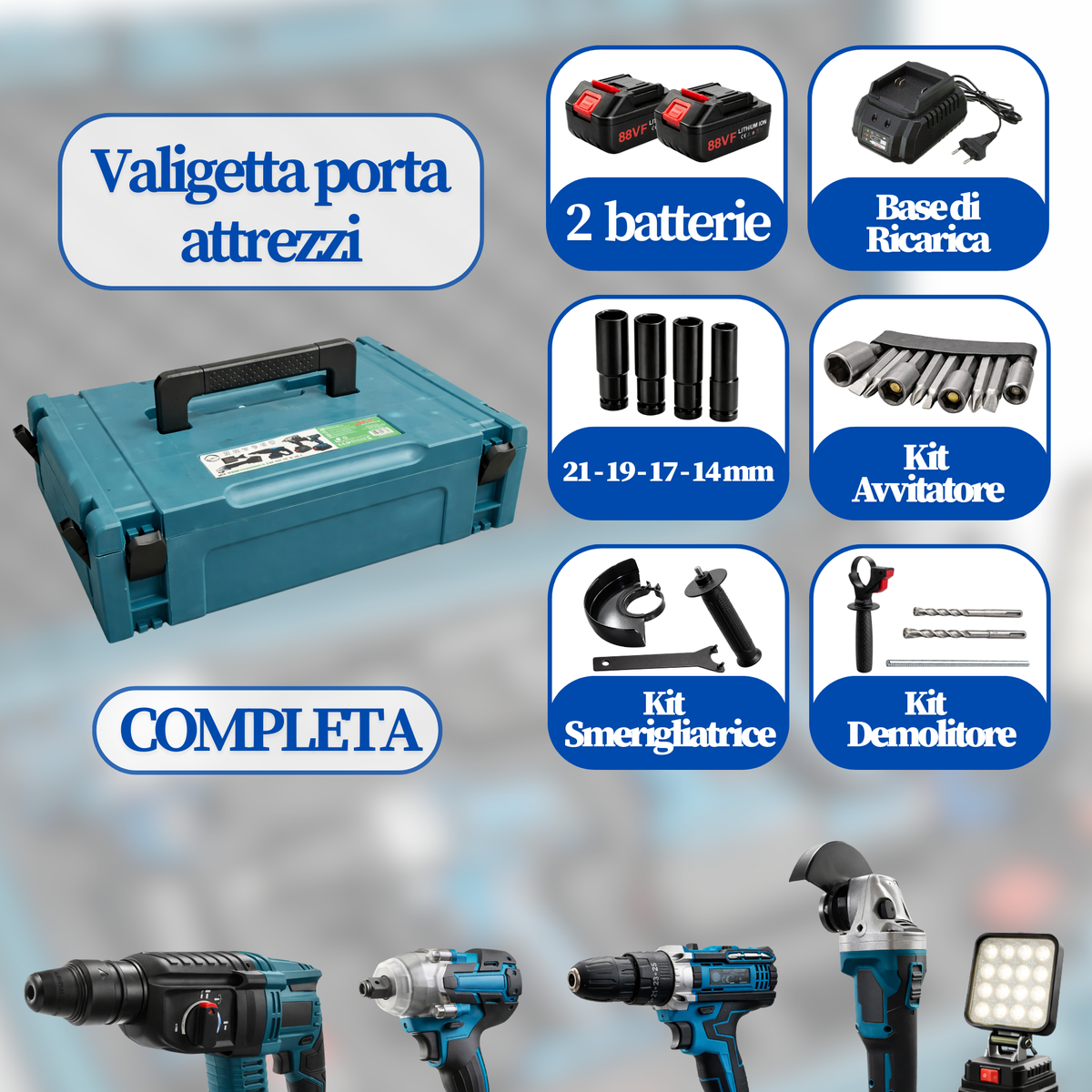 Elettroutensili Cordless 5 in 1 88V con 2 Batterie kit