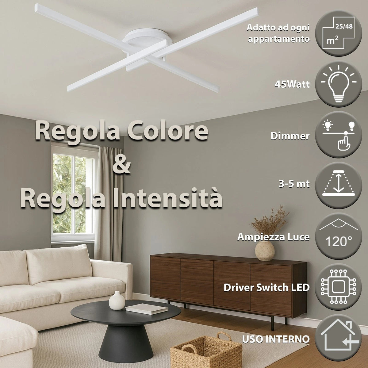 Lampadario LED 48 W a Croce Dimmerabile 3 CCT – Bianco/Nero