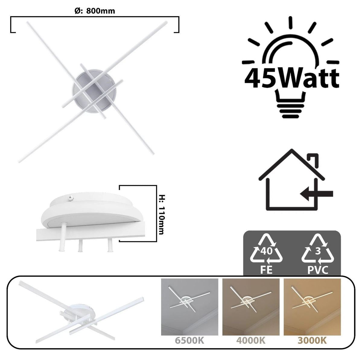 Lampadario LED 48 W a Croce Dimmerabile 3 CCT – Bianco/Nero