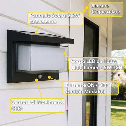 Applique Solare LED da Esterno 1000lm con Sensore PIR IP65