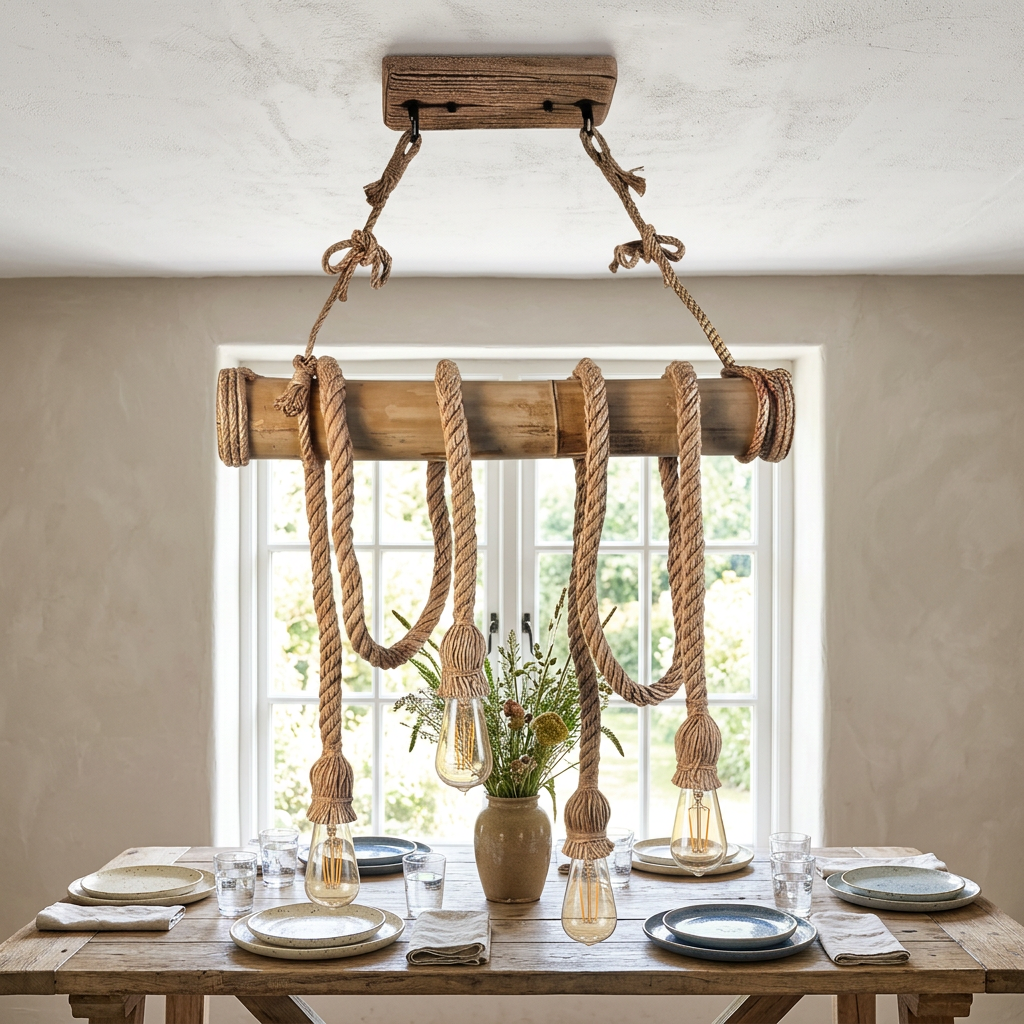 Lampadario vintage in CORDA DI BAMBU' con 4 luci da soffitto