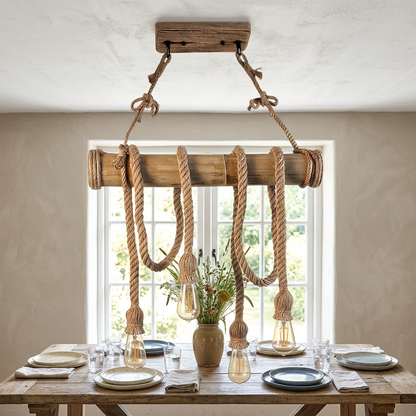 Lampadario vintage in CORDA DI BAMBU' con 4 luci da soffitto