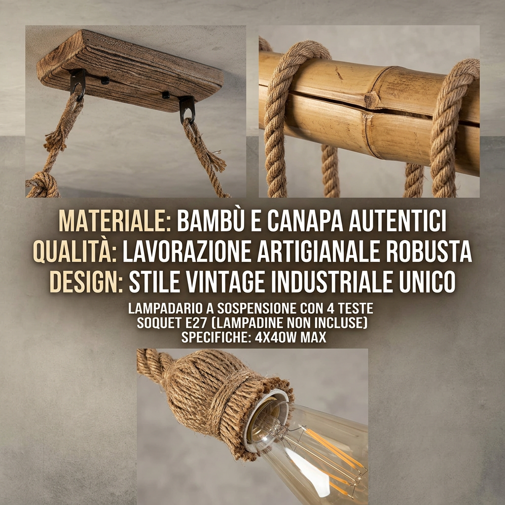 Lampadario vintage in CORDA DI BAMBU' con 4 luci da soffitto