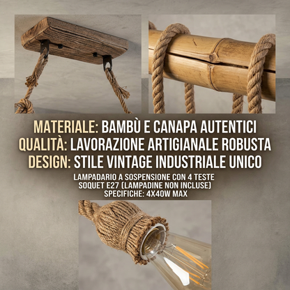 Lampadario vintage in CORDA DI BAMBU' con 4 luci da soffitto