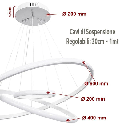 Lampadario LED bianco moderno a 3 anelli sospesi da soffitto 68W