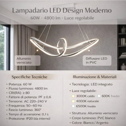 Lampadario LED Moderno Cromato a Sospensione, Altezza Regolabile, 60W, 4800 Lumen
