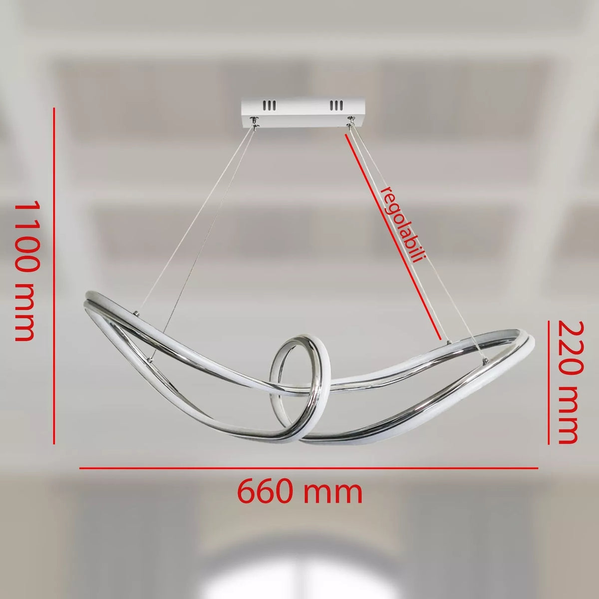 Lampadario LED Moderno Cromato a Sospensione, Altezza Regolabile, 60W, 4800 Lumen