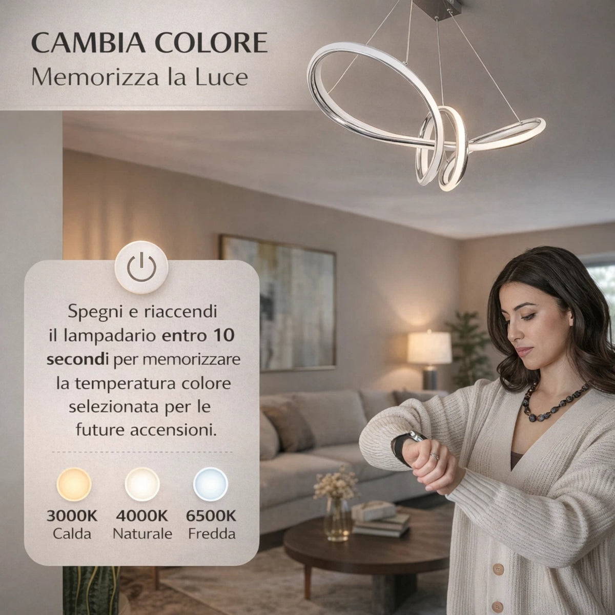 Lampadario LED Moderno Cromato a Sospensione, Altezza Regolabile, 60W, 4800 Lumen