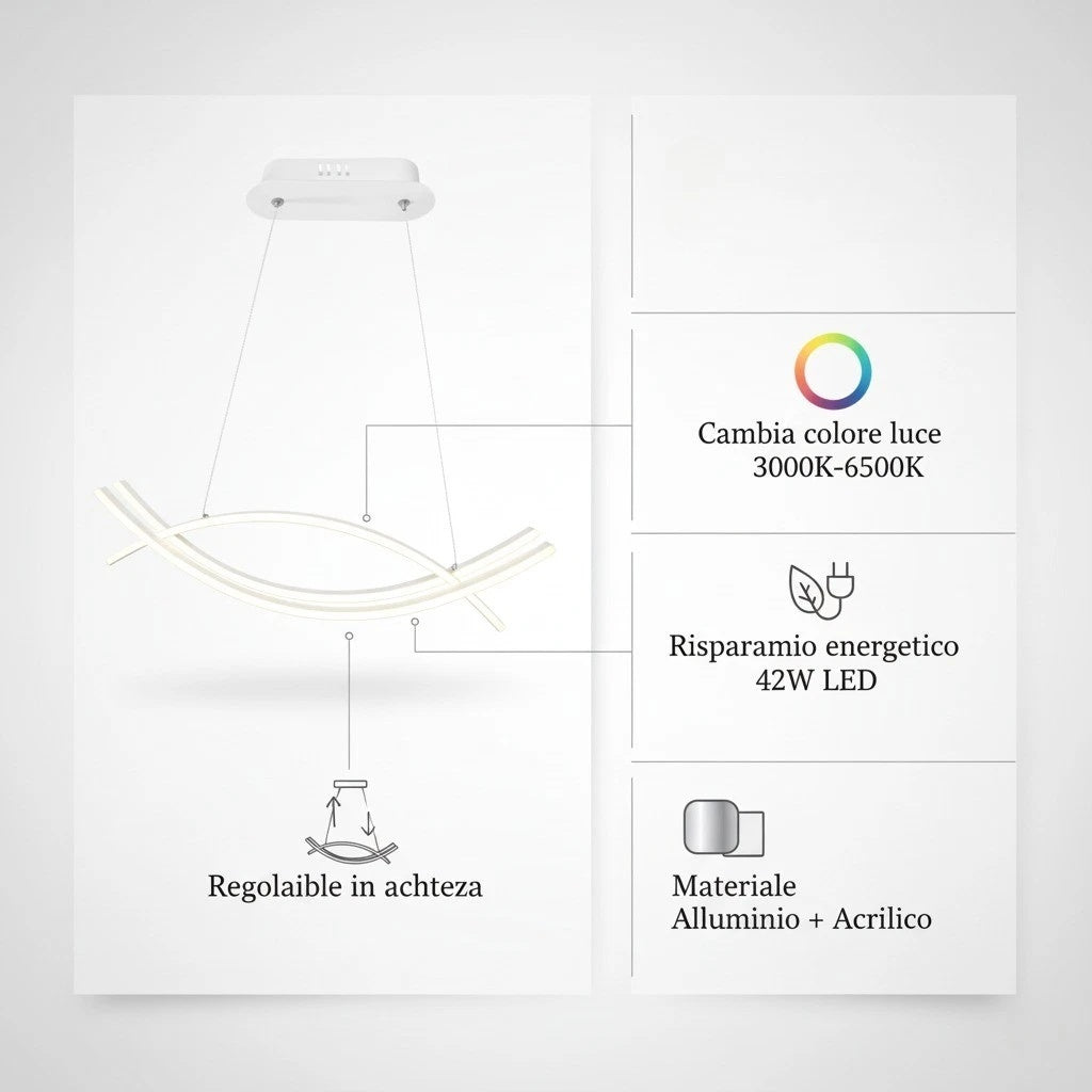 Lampadario LED a Sospensione Onda Bianca 42W CCT Switch