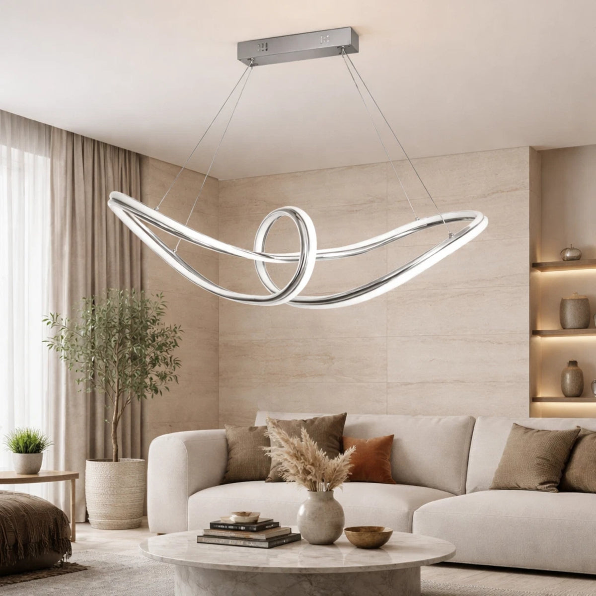 Lampadario LED Moderno Cromato a Sospensione, Altezza Regolabile, 60W, 4800 Lumen