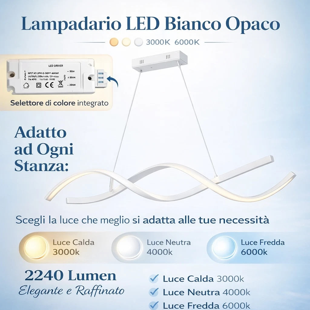 Lampadario LED a Sospensione Design Intreccio Bianco e Argento Cambio Temperatura 48W