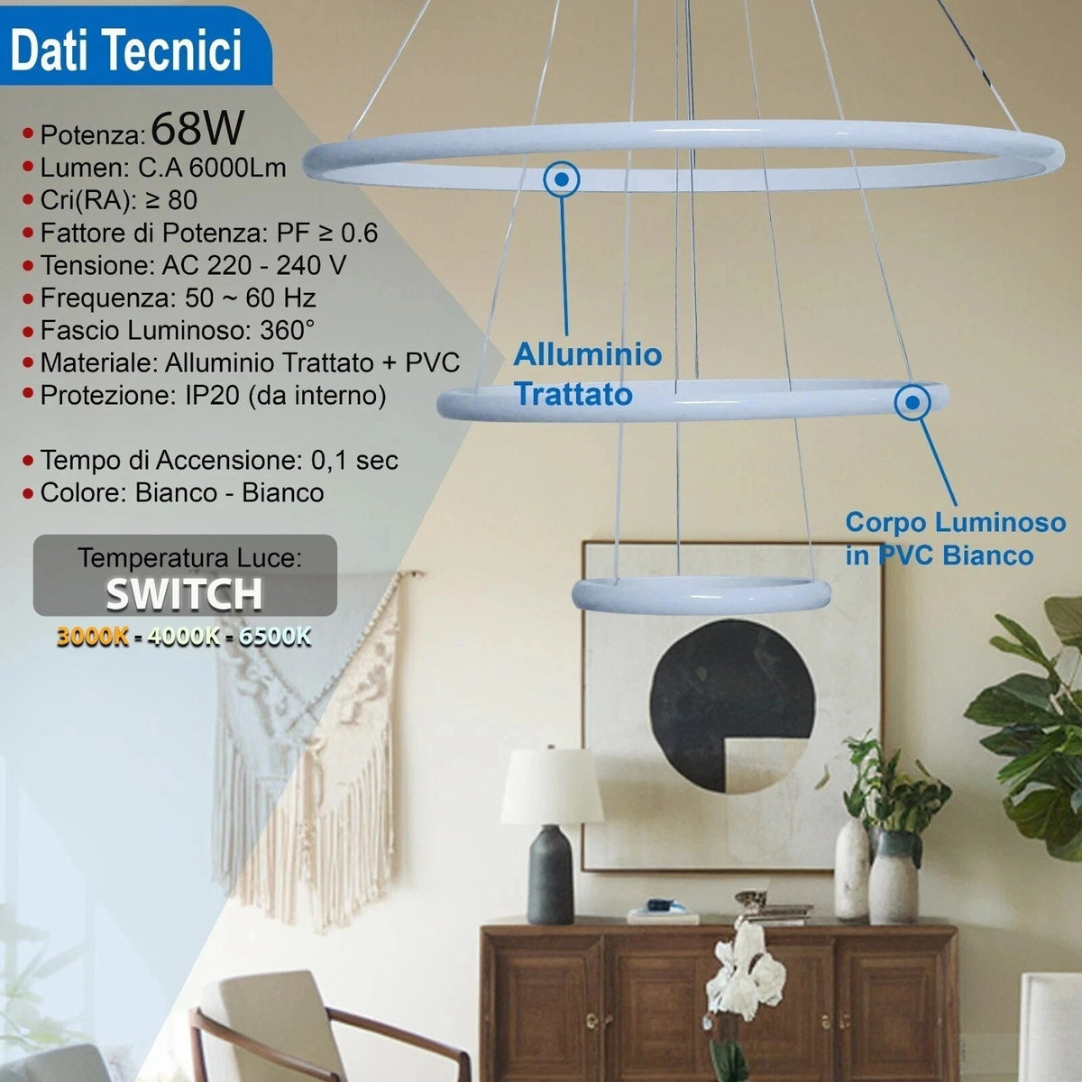 Lampadario LED bianco moderno a 3 anelli sospesi da soffitto 68W