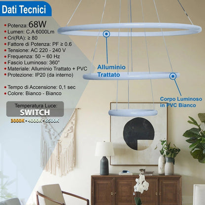 Lampadario LED bianco moderno a 3 anelli sospesi da soffitto 68W