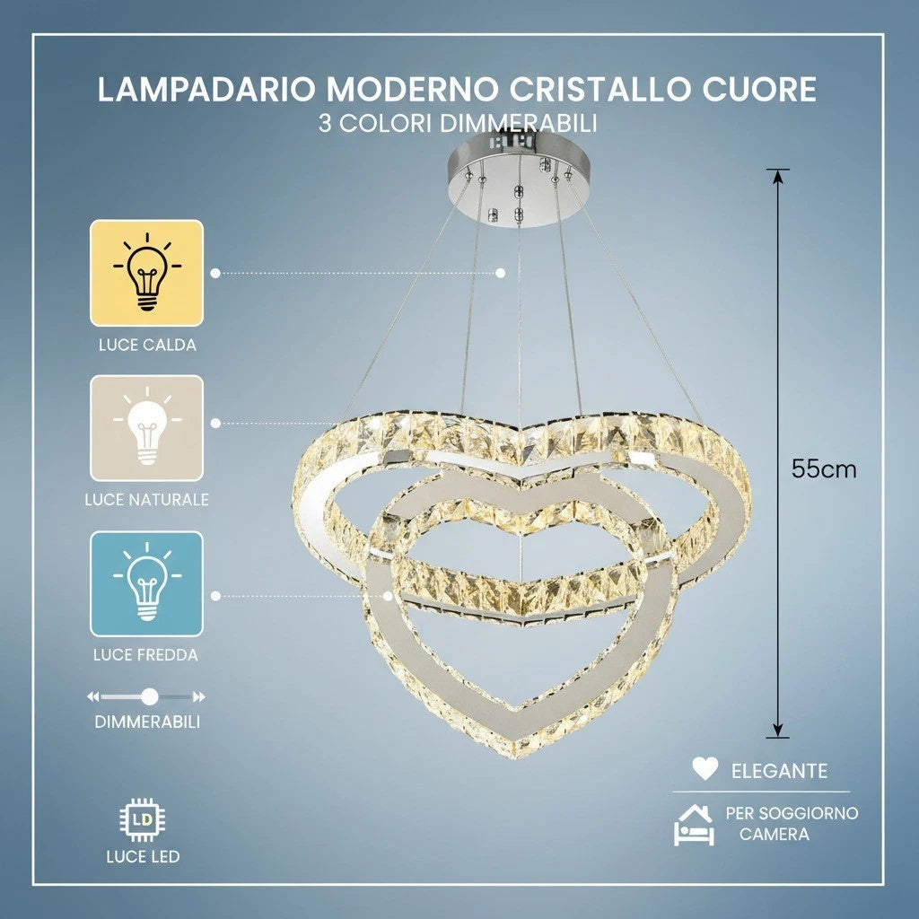 Lampadario Moderno LED a Sospensione Cuore in Cristallo