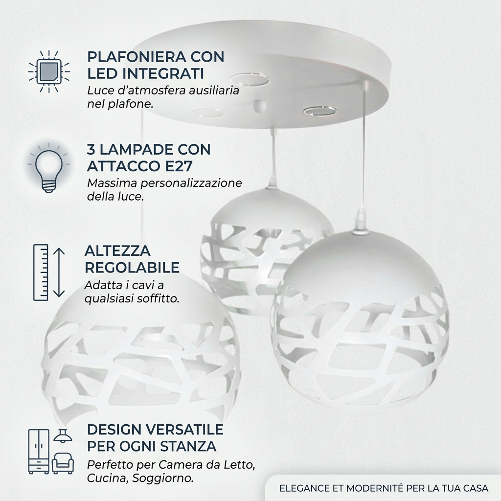 Lampadario moderno 3 globi traforato E27 con LED incluso