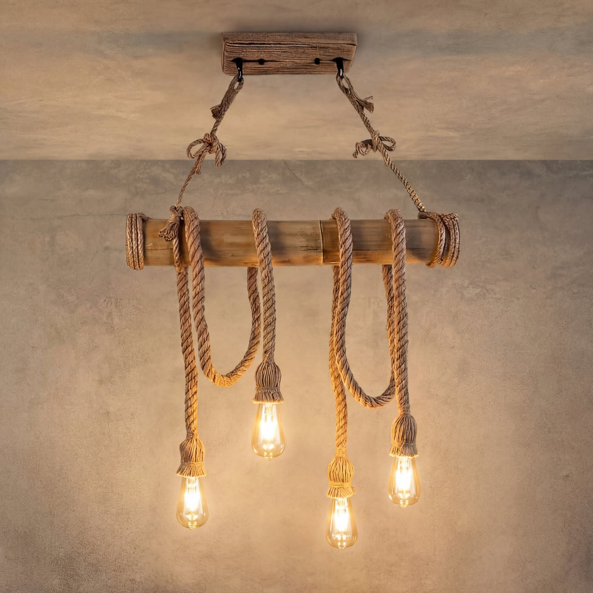 Lampadario vintage in CORDA DI BAMBU' con 4 luci da soffitto
