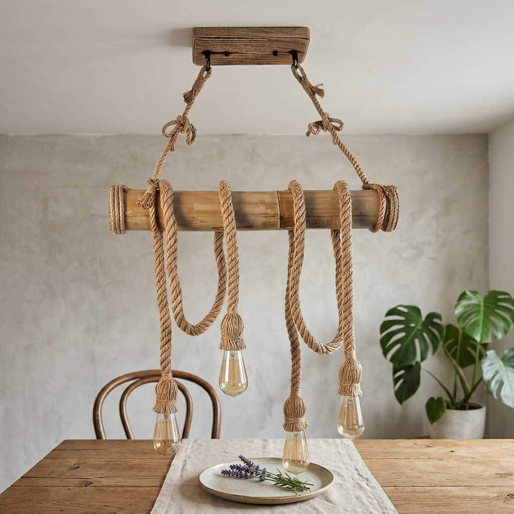 Lampadario vintage in CORDA DI BAMBU' con 4 luci da soffitto