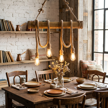 Lampadario vintage in CORDA DI BAMBU' con 4 luci da soffitto