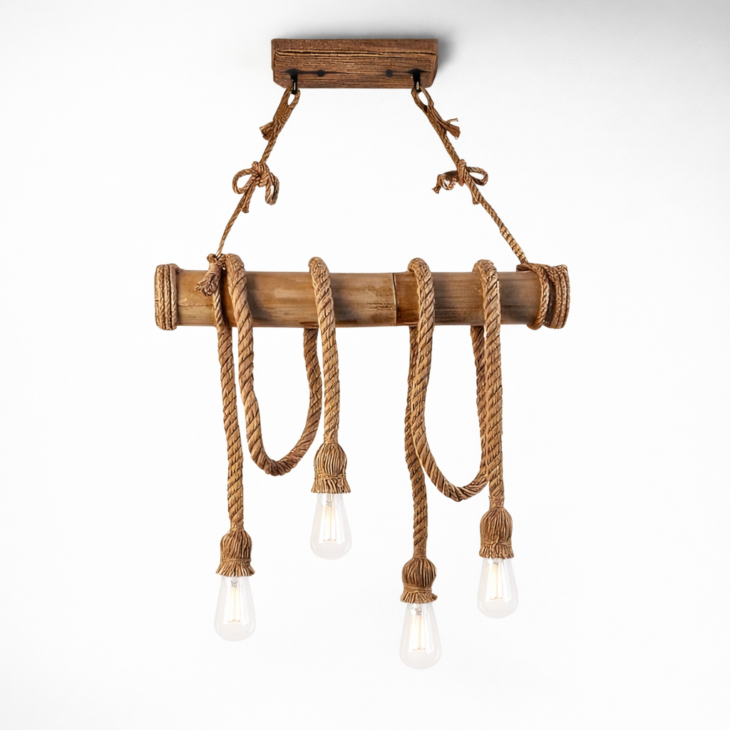 Lampadario vintage in CORDA DI BAMBU' con 4 luci da soffitto