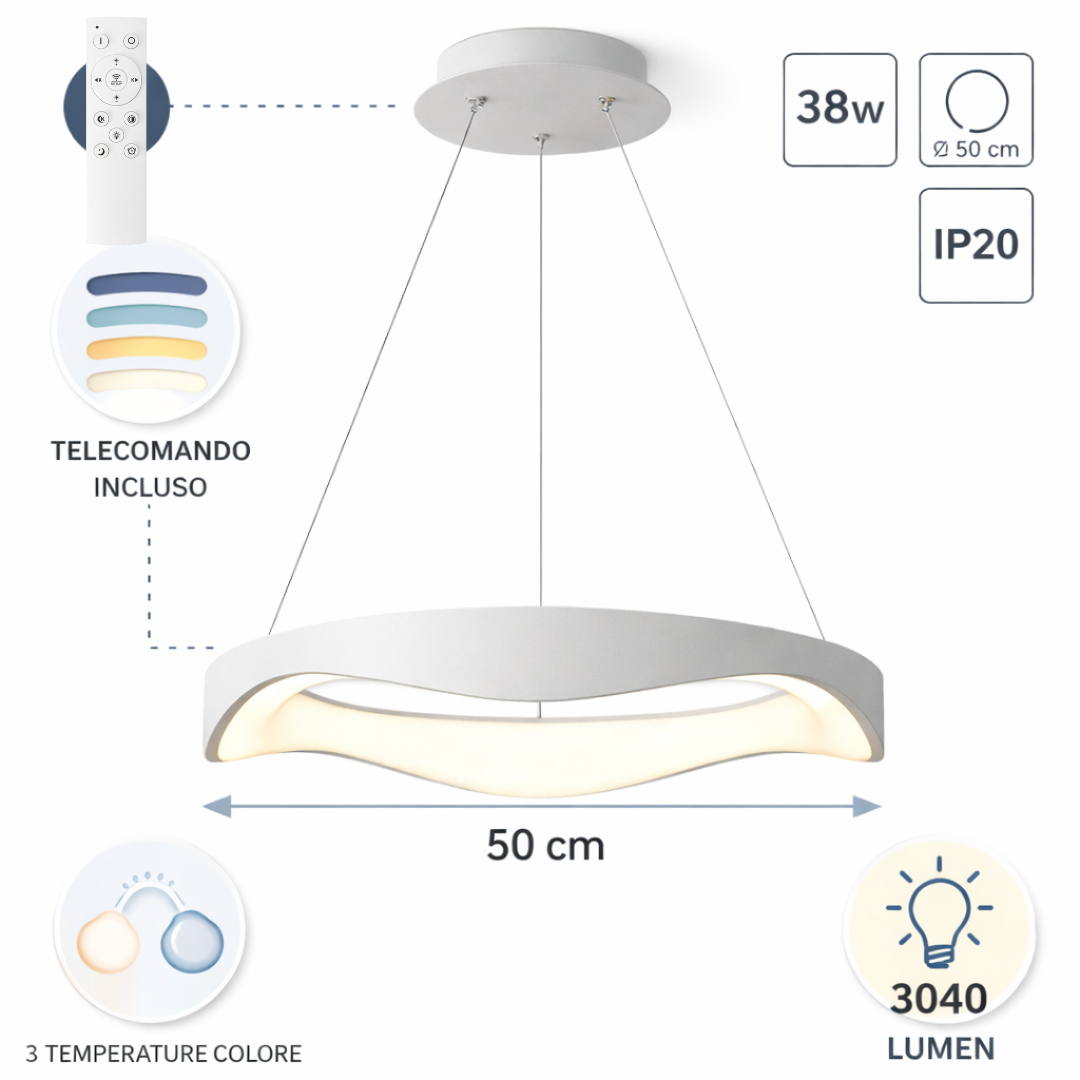 Lampadario LED a Sospensione Moderno 38W 3040 Lumen Ø50 cm con Telecomando