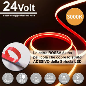 Striscia LED COB 10m 24V IP68 Flessibile Adesiva CRI90