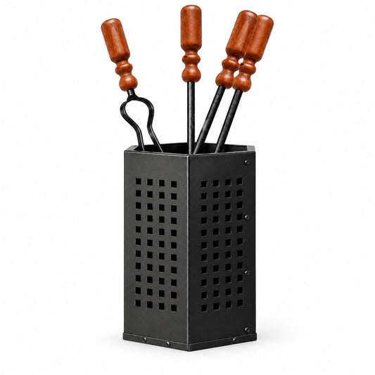 Set MAKA di 4 attrezzi per camino con manici in legno e box nero