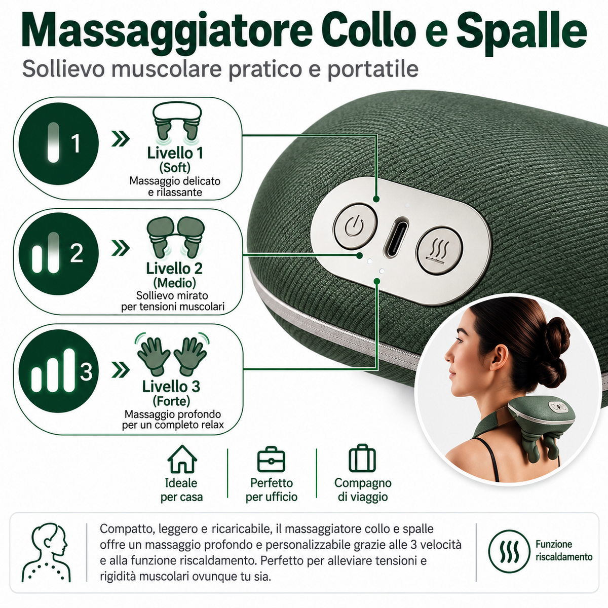 Massaggiatore collo e spalle con 3 livelli di intensità regolabili