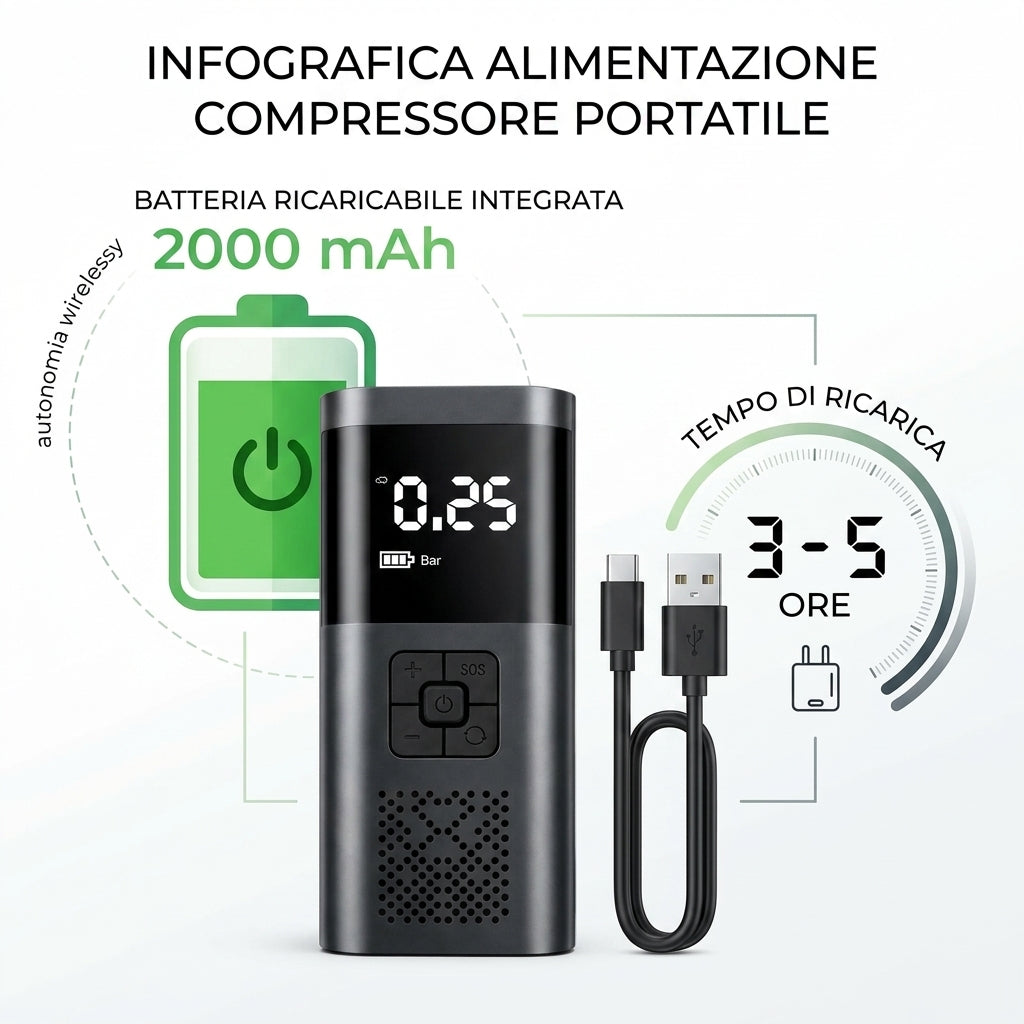 Mini compressore VC-027 batteria 2000 mAh e ricarica USB