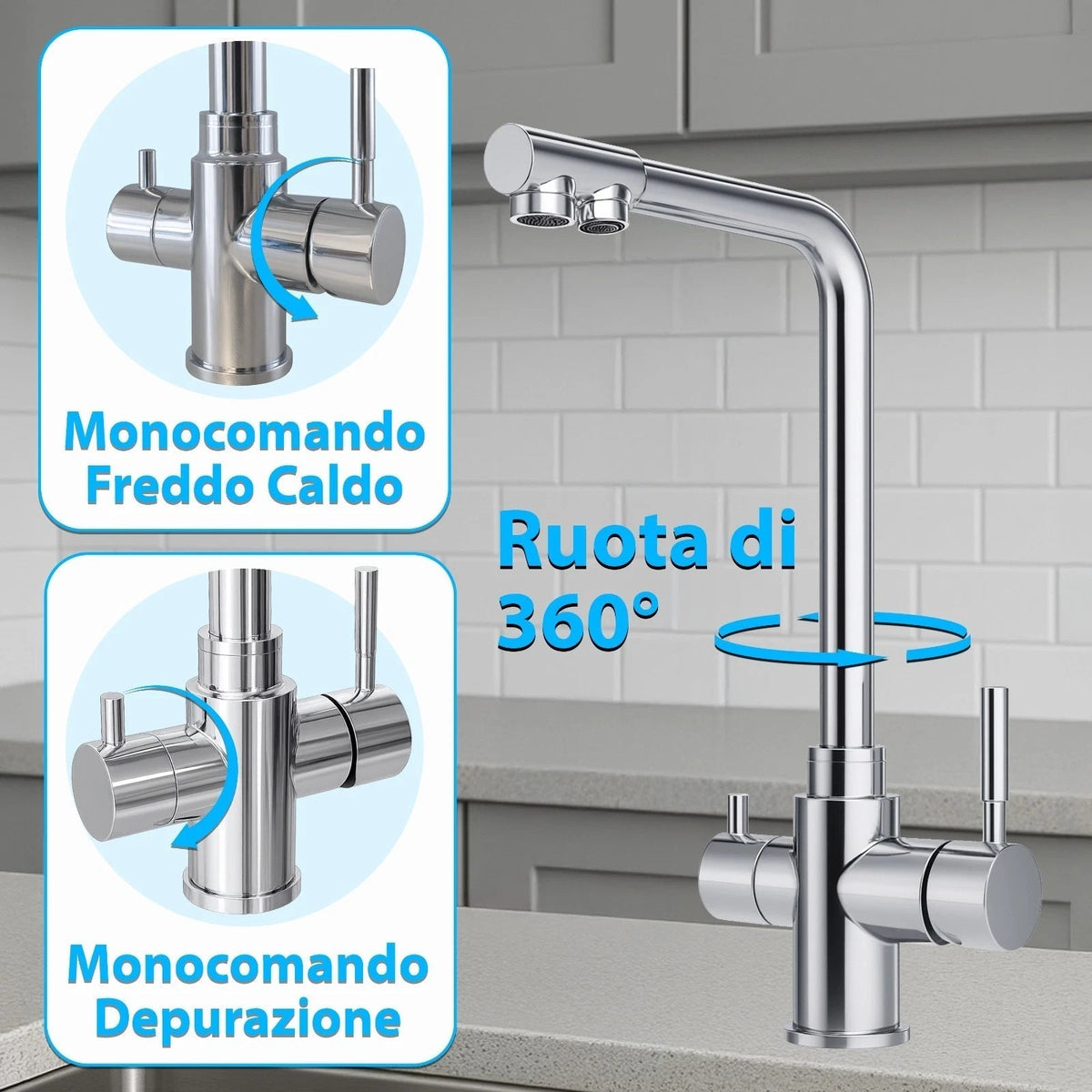 Rubinetto cucina 3 vie acqua potabile e miscelata con doppia leva