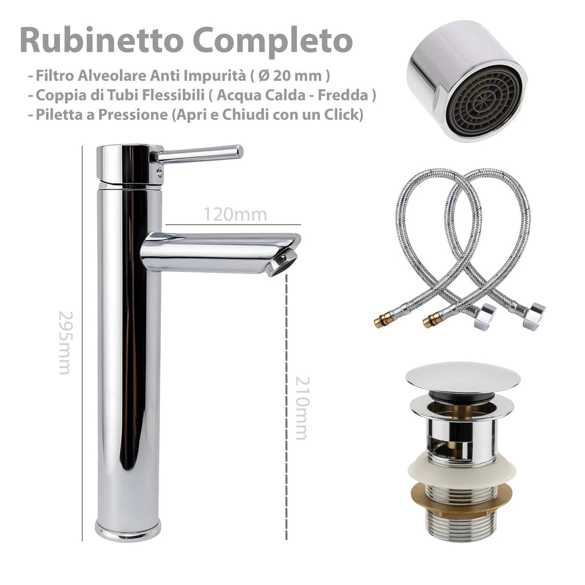 Rubinetto Bagno Cromato Monocomando con Piletta e Flessibili