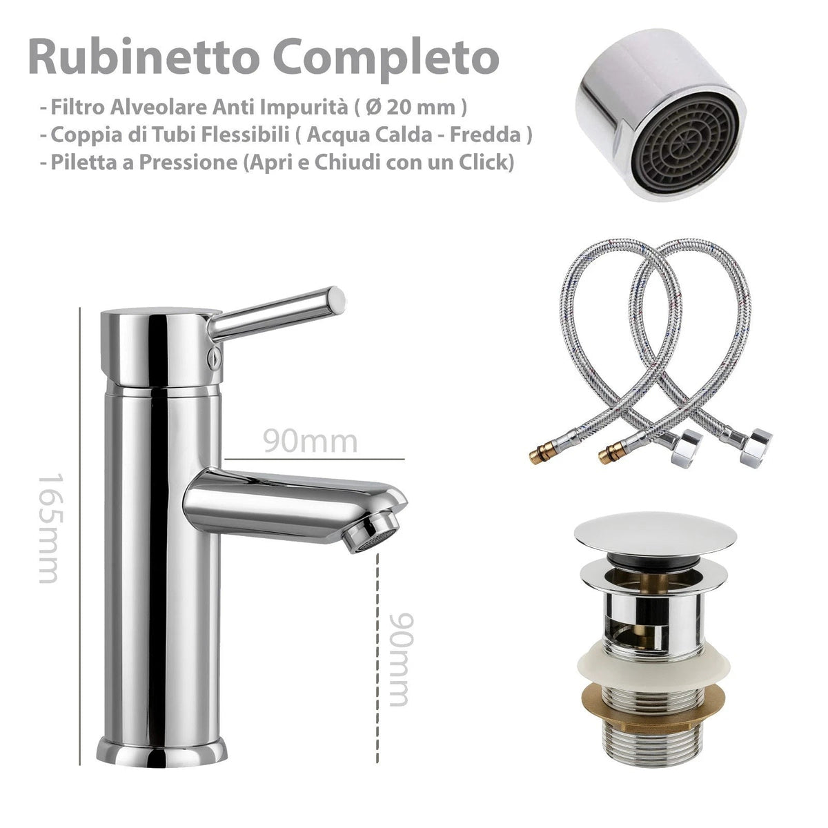 Rubinetto Bagno Cromato Monocomando con Piletta e Flessibili