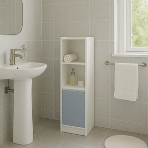 Mobiletto Bagno Salvaspazio con Ripiani e Anta Bianco Azzurro