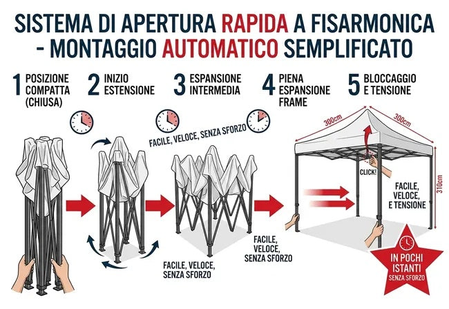 Gazebo Pieghevole 3x3 Bianco in Acciaio a Fisarmonica