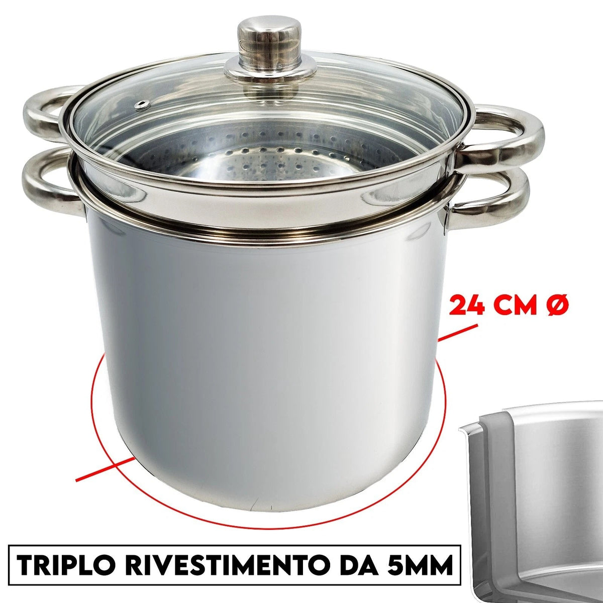 Cuocipasta Spaghettiera 24cm in Acciaio Inox con Coperchio e Colapasta