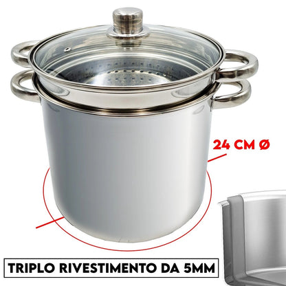 Cuocipasta Spaghettiera 24cm in Acciaio Inox con Coperchio e Colapasta