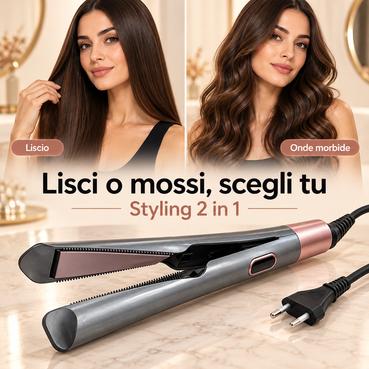 Piastra capelli 2 in 1 per capelli lisci e onde morbide
