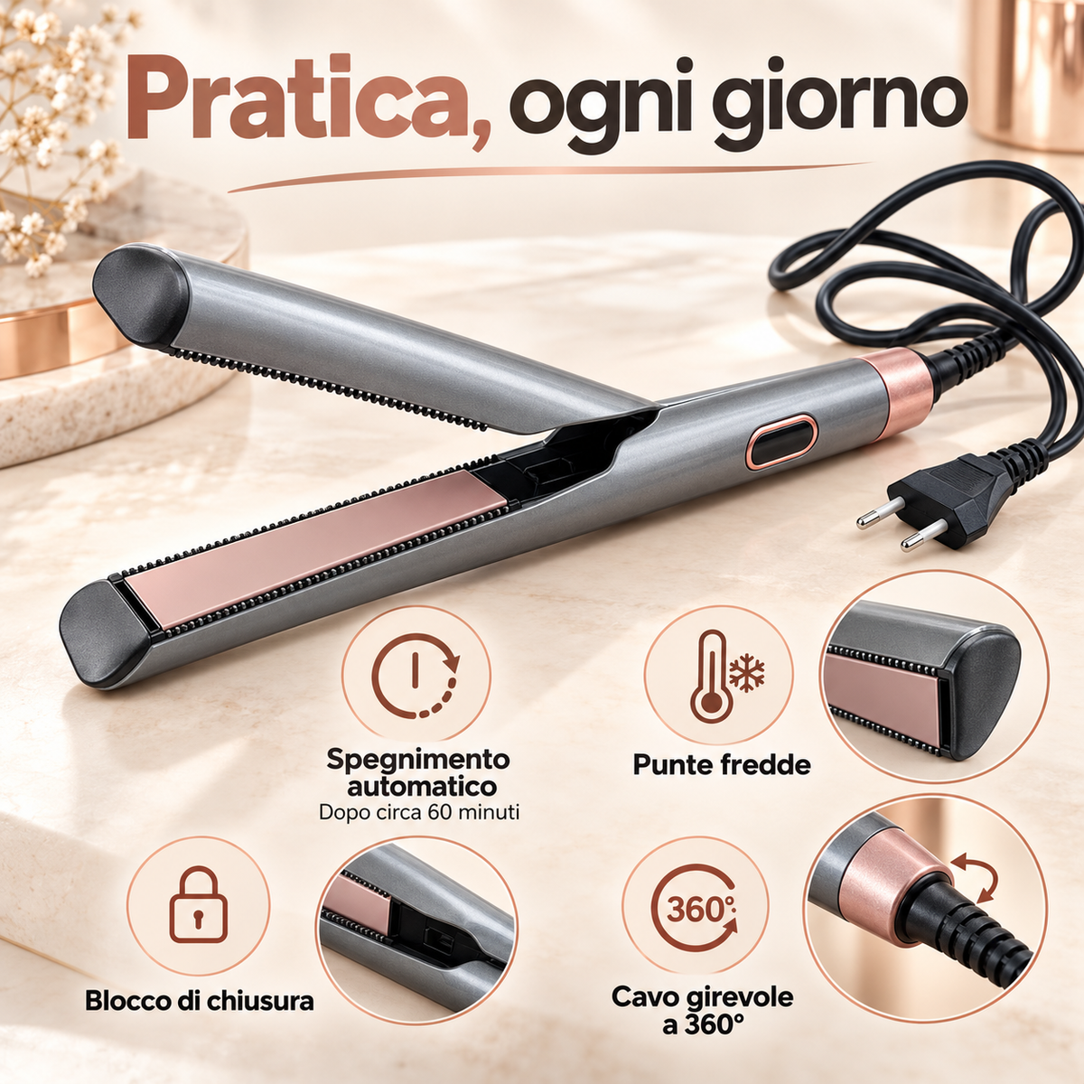 Spegnimento automatico, punte fredde, blocco e cavo girevole