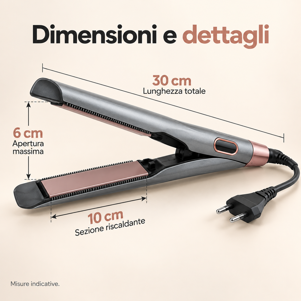 Dimensioni indicative della piastra per capelli