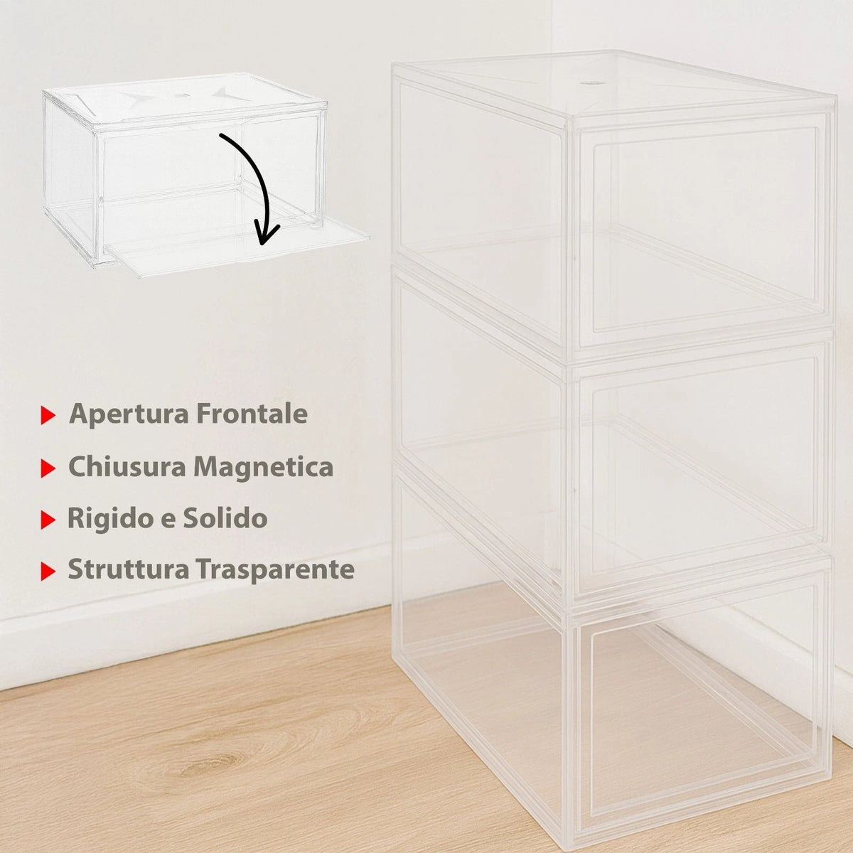 Scatole Porta Scarpe Trasparenti Impilabili con Chiusura Magnetica
