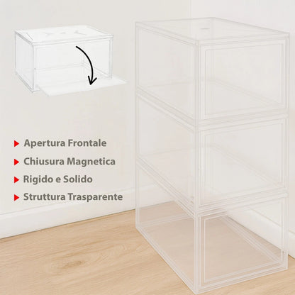 Scatole Porta Scarpe Trasparenti Impilabili con Chiusura Magnetica