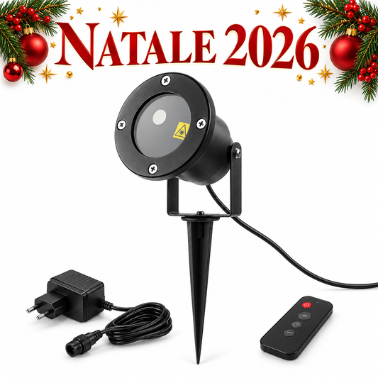 Copertina Natale 2026 proiettore laser rosso e verde